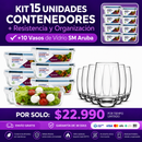 Kit con 15  Contenedores Herméticos de Vidrio + 10 Vasos de Vidrio Aruba de Regalo