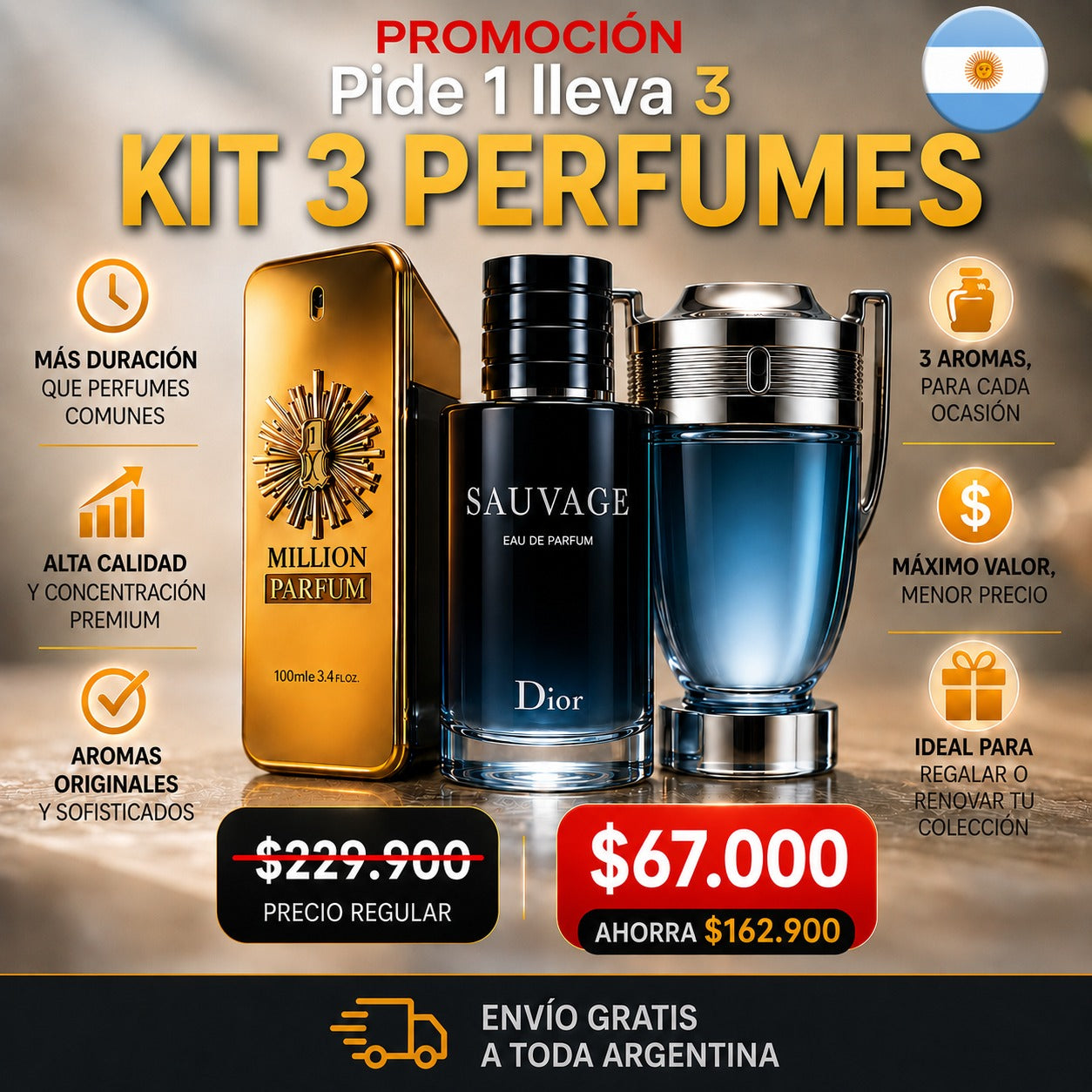 Pedí 1 y Llevate 3 – Kit de Perfumes para Hombre 100ml (One Million, Sauvage e Invictus) - Originales